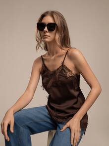 HZXVIC 女士新款纯色欧美风蕾丝边不对称度假上衣，性感纯净风夏季上衣 - 咖啡棕 - 查看 8