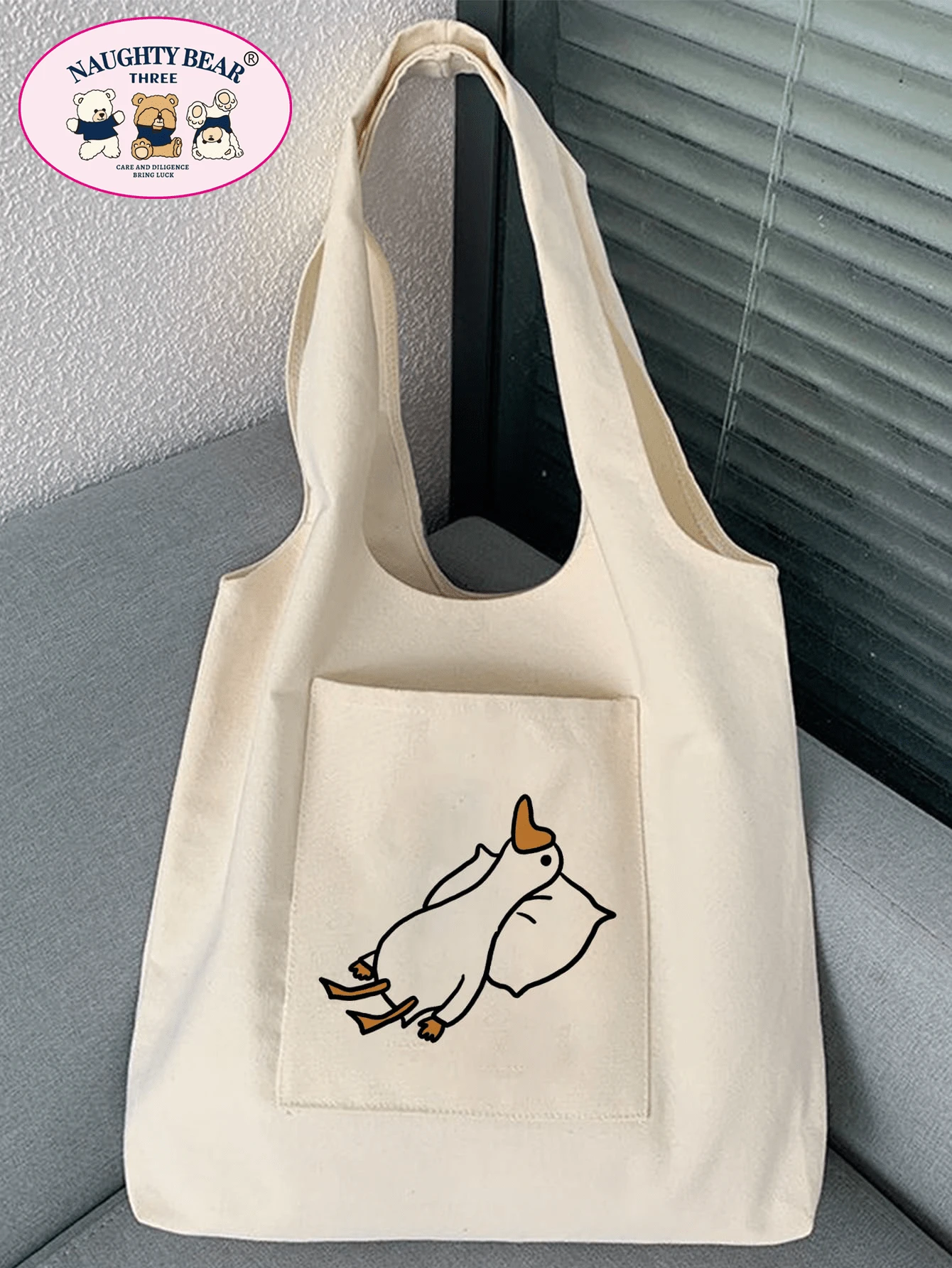 Fashionable And Versatile Duck Printed Women's Tote Bag,School Bag,Large Capacity,Portable,For Teen Girls Women College Students,White-Collar Workers,Perfect For Work,Back To School,Middle School,High School,College,Vacation, Literary School Bag & Bookbag For Women Or Students, Perfect For Books, Shopping, Back To School And More - Beige - View 1