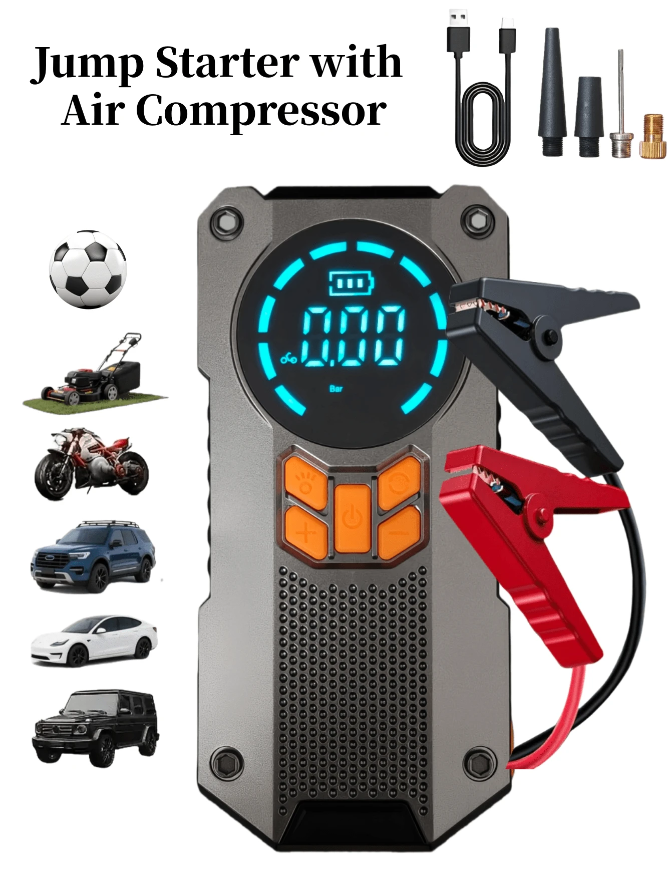 5000A 便携式汽车应急启动电源，带空气压缩机 - 12V 电池增压器，LED 指示灯，USB 快速充电输出，多重保护，包含启动线、气泵和汽车适配器