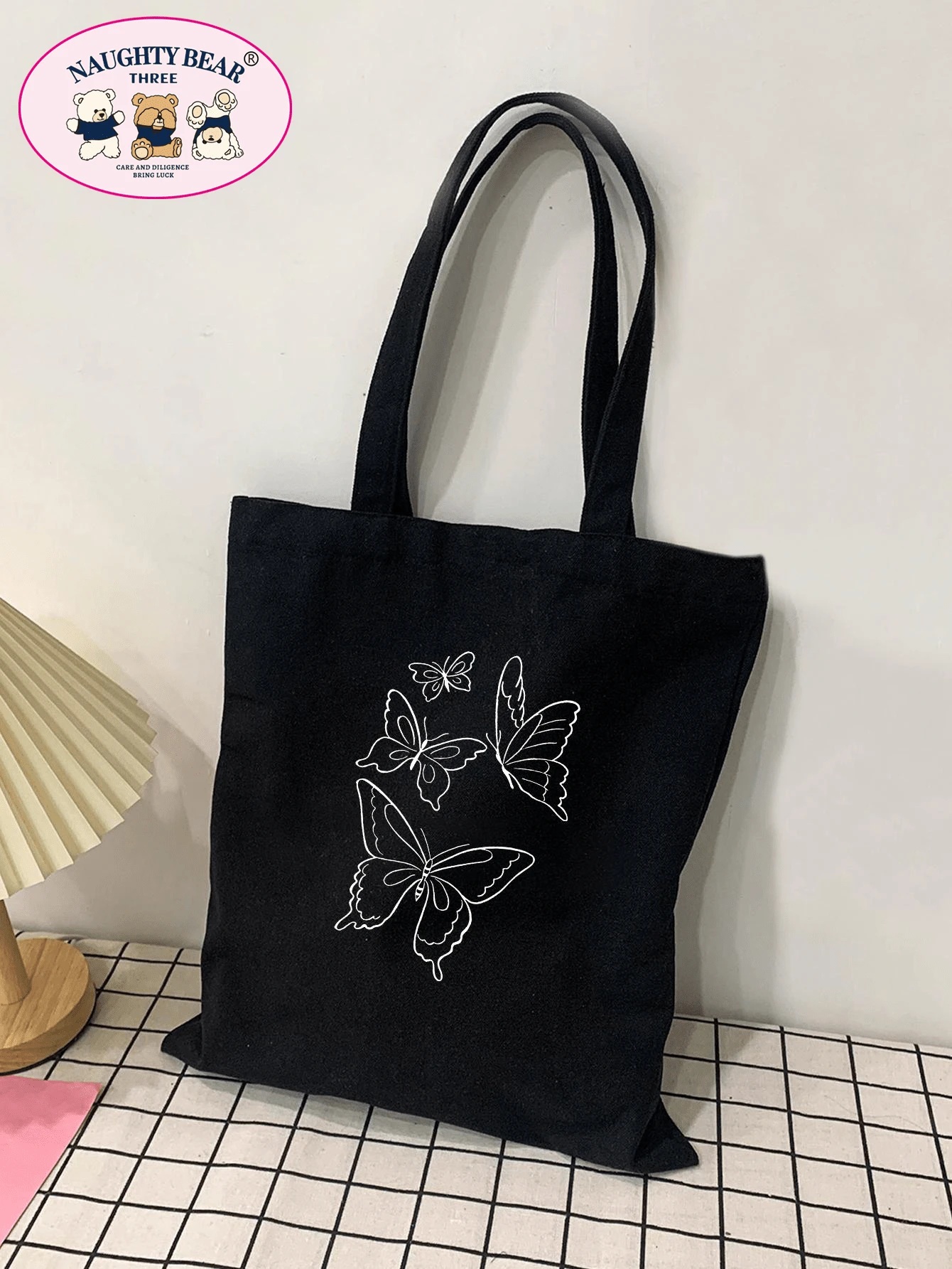 时尚简约蝴蝶和线条图案印花帆布手提包书包，大容量，便携，可折叠，经典休闲，适合少女女大学生，非常适合返校、大学、初中、高中，蝴蝶包 - 黑色 - 查看 1