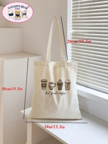 1pc Beige Women's Canvas Tote Bag, Portable Shopping Bag For Outing - Beige - View 5