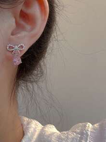 2pcs Cute & Refreshing Pink Bow Earrings, Minimalist Design, Shiny Heart Earrings, Ideal Gift For Best Friends - Multicolor - View 6