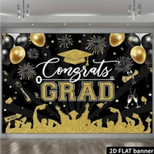 2D Flat Graduation Party Backdrop, Black, Gold Wreath, Gold Graduation Cap, Balloons, Glitter, Party Decor, Photo Background - Multicolor - View 3