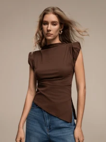 HZXVIC Áo kiểu nữ màu trơn mới, dáng bất đối xứng/xếp bèo nhún, thanh lịch. - màu nâu - Xem 3