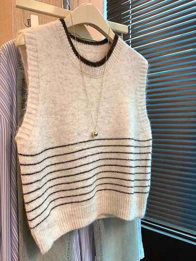 Plus Size New Casual Loose Minimalist Women Vest, Striped Patchwork Design, Suitable For Autumn/Winter, Suitable For Outings, Vacations, Daily Wear, Contrast Color Sleeveless Sweater