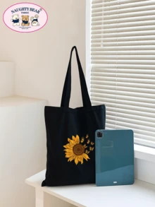 Sunflower & Butterfly Pattern Shopper Bag School Bag For Graduate, Teen Girls, Freshman, Sophomore, Junior & Senior In College, University & High School, Perfect For Outdoors ,Travel & Back To School - Black - View 3