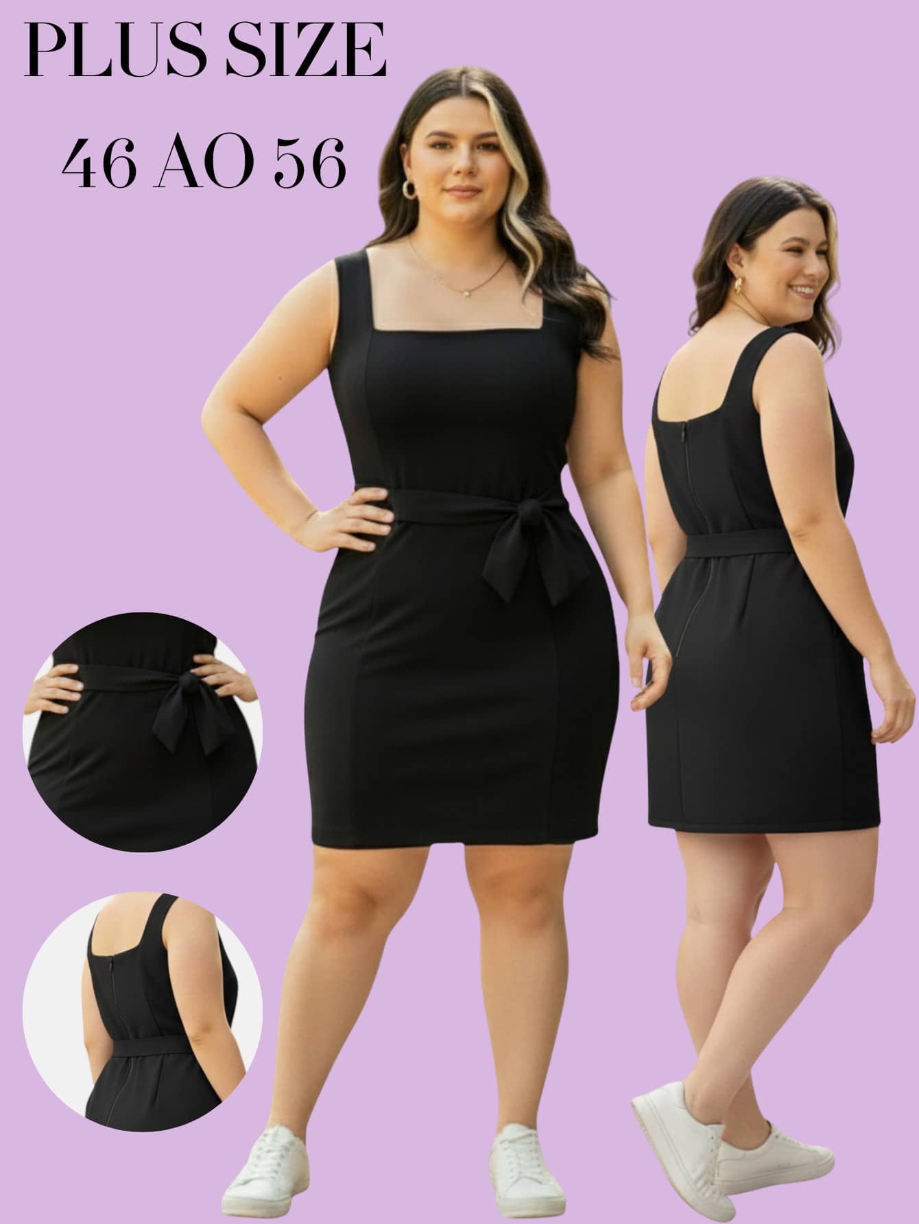 Women's Plus Size Elegant Curvy Short Dress With Thick Straps And Bow - 黑色 - 查看 1
