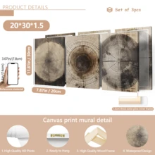 3幅复古墙面艺术海报，帆布画，装饰艺术品，大地色系，复古抽象，树木年轮，自然图案，质朴木纹，农舍风格装饰，带框或不带框可选，房间装饰，家居点缀，宿舍，酒店，客厅，卧室，浴室，办公室墙面装饰，礼品 - A - 查看 15