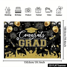 2D Flat Graduation Party Backdrop, Black, Gold Wreath, Gold Graduation Cap, Balloons, Glitter, Party Decor, Photo Background - Multicolor - View 6