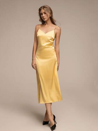 HZXVIC Women's New Solid Color Elegant Sexy V-Neck Spaghetti Strap Dress, Beach Resort Style