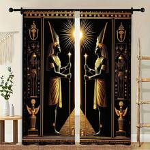 2件套窗帘，2D平面古埃及神祇法老华丽风格化场景，金色黑色中心人物面向太阳，金字塔图案，卧室客厅装饰窗帘。 - 暗金 - 查看 3