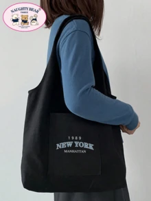 1 件黑色时尚 1989newyork 字母印花帆布手提包，配有简约肩带，适合女士、便携式购物袋、适合读书周的学院风书包 - 黑色 - 查看 5