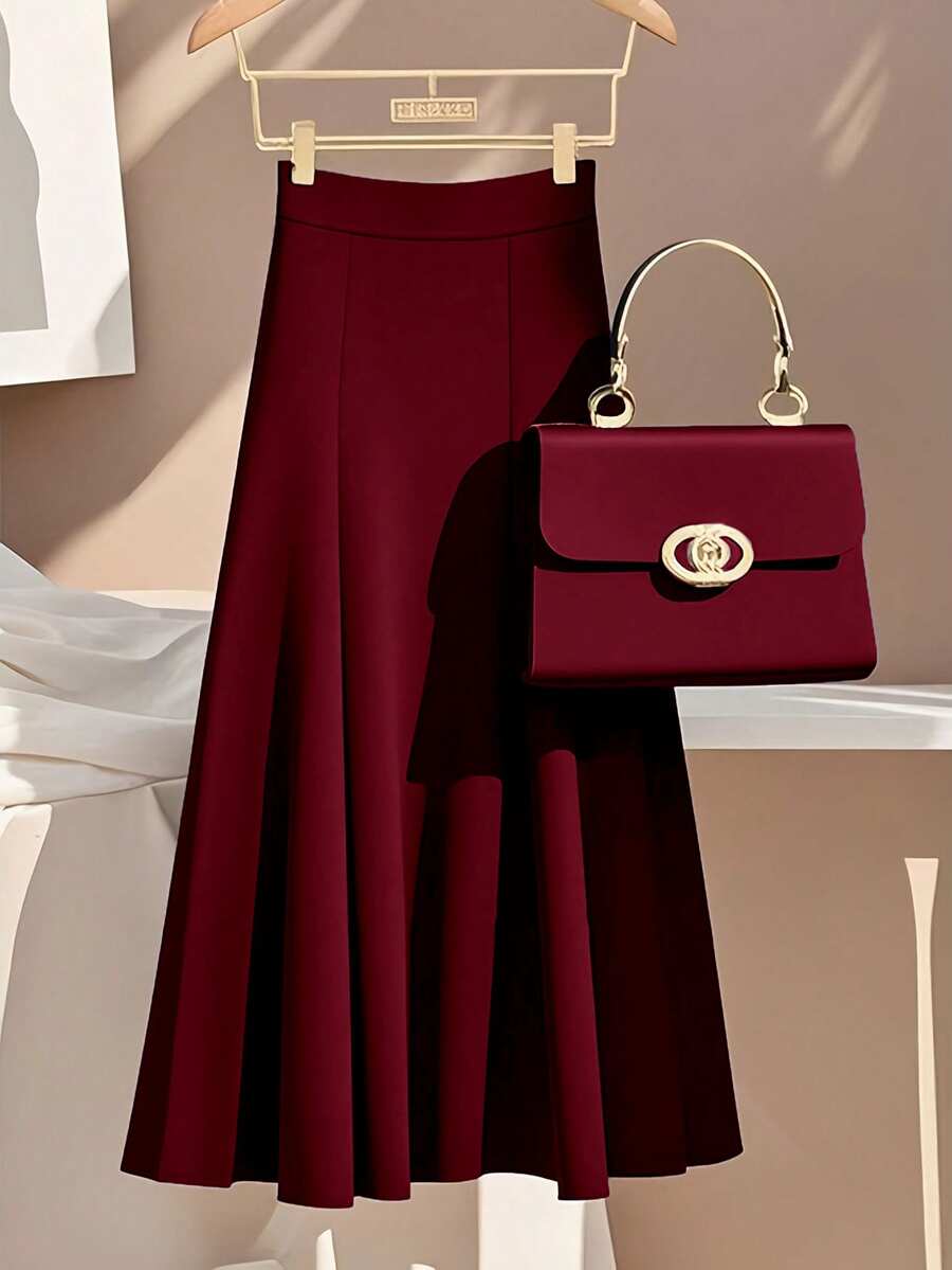 Women's Fashionable Elegant Commuter Casual Solid Color Skirt Spring - Burgundy - View 1