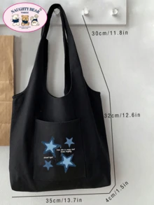 女士简约帆布手提包，开顶帆布单肩包，手提包，适合小学生、中学生和大学生的简约书包，文件夹，旅行包 - 黑色 - 查看 4
