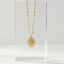 Elegant Luxurious Sparkling White Zirconia Oval Virgin Mary Copper Pendant Necklace, Men's Fashion Party Jewelry Accessory, Stainless Steel Chain, Romantic Anniversary/Holiday Gift - Gold - View 7