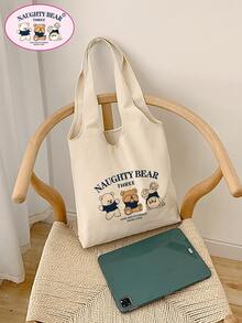 时尚卡通熊印花帆布手提包书包，返校，大容量，便携，可折叠，经典休闲，适合少女女大学生，非常适合返校、大学、小学、初中、高中、工作、商务、通勤、购物、度假 - 米色 - 查看 4