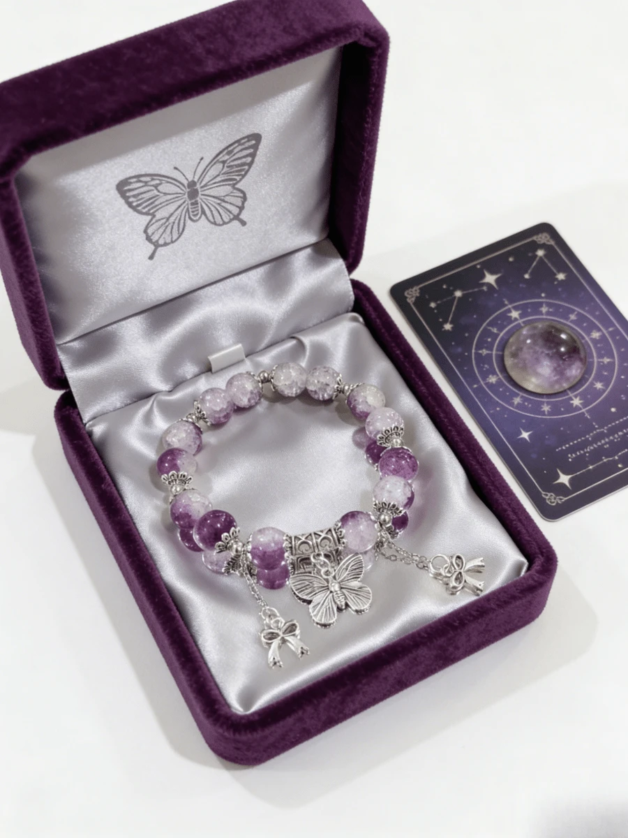 1Pc Kids Teens Glass Beaded Bracelet - Butterfly Charm + Delicate Cracking, Fashionable Unisex Accessory, Perfect For Daily Matching & Gift Giving - 紫色 - 查看 1