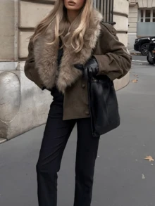 2025 Autumn/Winter Elegant Faux Suede Faux Fur Collar Women's Coat, Fashionable Double-Breasted Casual Warm Coat, Stylish Dark Green Christmas Party Coat - Brown - View 9