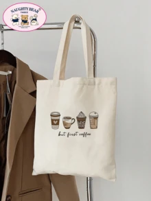 1pc Beige Women's Canvas Tote Bag, Portable Shopping Bag For Outing - Beige - View 3