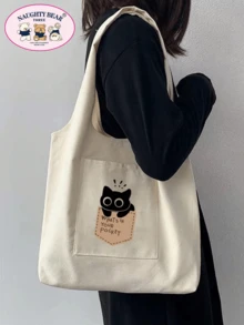 1 件女士米色帆布手提包，带黑猫印花，购物单肩包 - 米色 - 查看 3