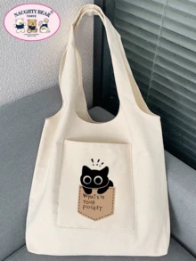 1 件女士米色帆布手提包，带黑猫印花，购物单肩包 - 米色 - 查看 6