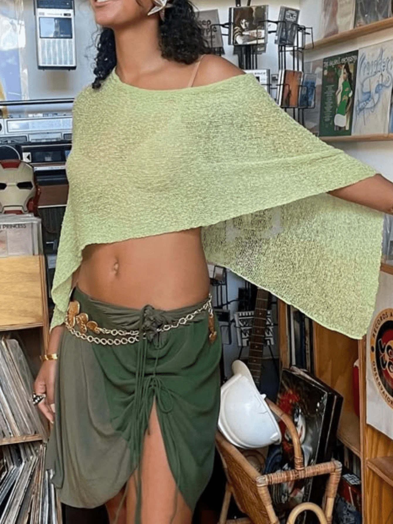 Women's Y2k Sheer Poncho Top, Lightweight Cover-Ups Crochet Shrug Bolero Mesh Knit,See-Through Off Shoulder Solid Irregular Knitted Loose Pullover,Batwing Sleeve Sweater Cover Up Beachwear,Boho Aesthetic Beach Going Out Streetwear,Spring To Summer Outfits,Rave Outfit,Concert Outfit,Summer Vacation Outfits - 綠色 - 查看 1