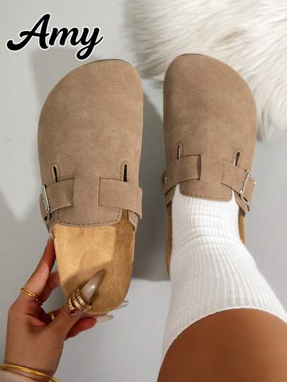 女士宽楦休闲纯色绒面革搭扣平底拖鞋