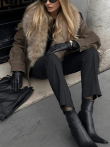 2025 Autumn/Winter Elegant Faux Suede Faux Fur Collar Women's Coat, Fashionable Double-Breasted Casual Warm Coat, Stylish Dark Green Christmas Party Coat - Brown - View 8