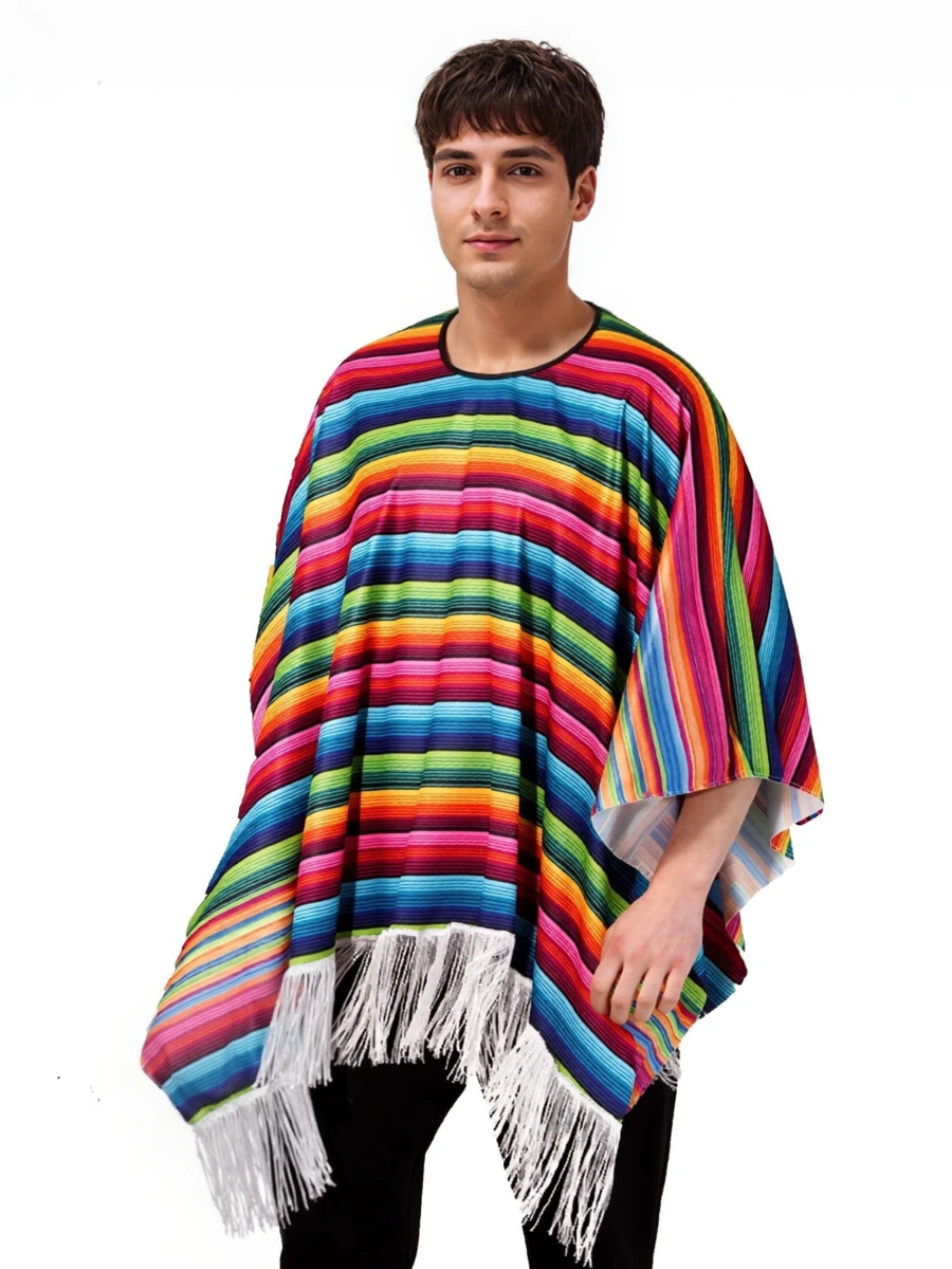 1pc Adult Rainbow Striped Cosplay Cloak, Mexican Costume Shawl Poncho For Festival Party Role Play - Multicolor - View 1