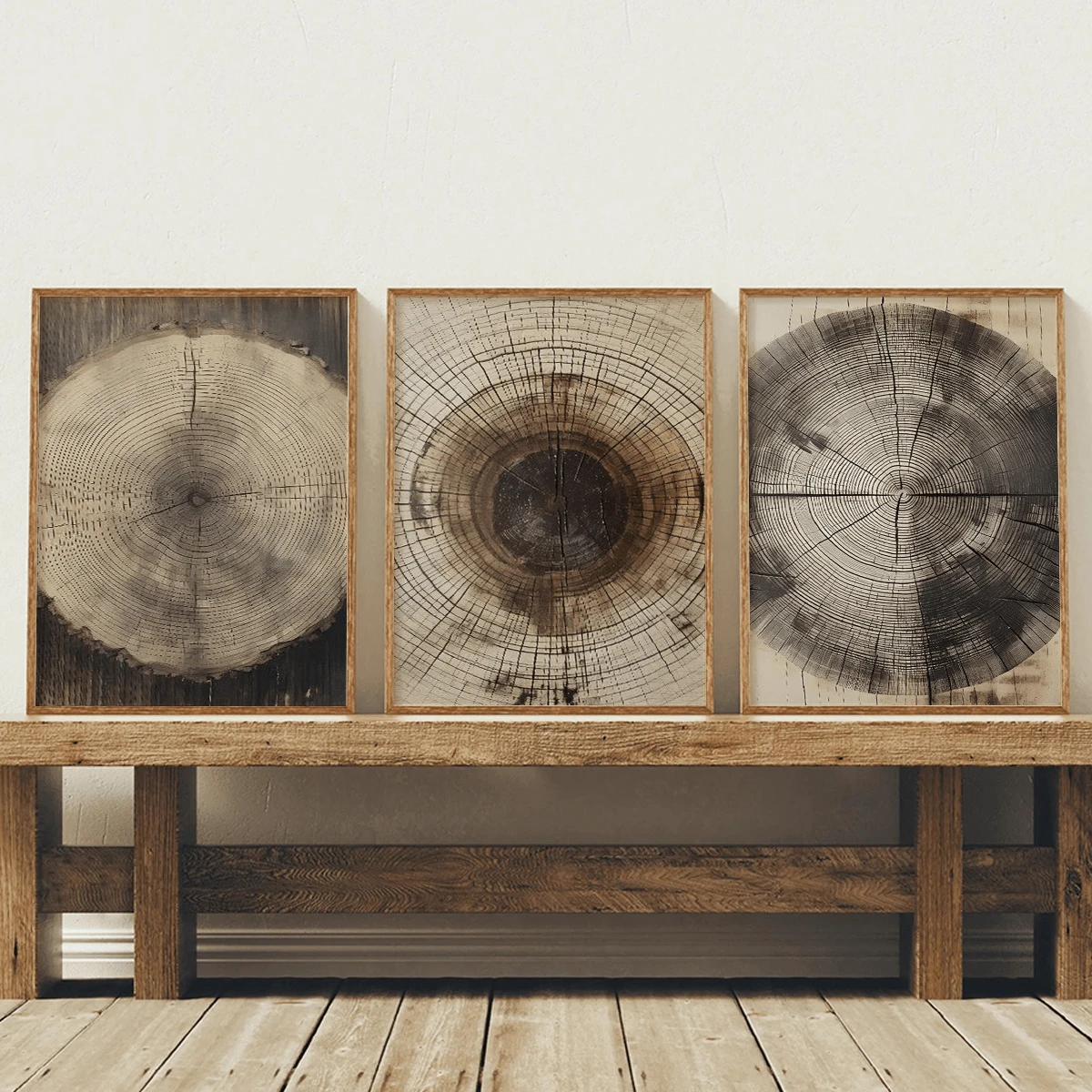 3幅复古墙面艺术海报，帆布画，装饰艺术品，大地色系，复古抽象，树木年轮，自然图案，质朴木纹，农舍风格装饰，带框或不带框可选，房间装饰，家居点缀，宿舍，酒店，客厅，卧室，浴室，办公室墙面装饰，礼品 - A - 查看 1