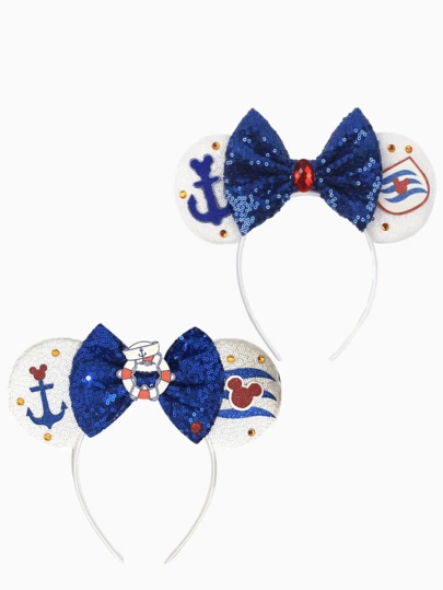Sparkling Cartoon Ear Nautical Themed Hairband, Cruise Hook Sequins Bowknot Hair Hoop, Stylish Bow Headband, Fashion Hair Accessory Ideal For Masquerade, Cosplay, Theme Park Outings, Holiday Events, Stage Performances, Music Festivals