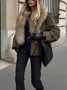 2025 Autumn/Winter Elegant Faux Suede Faux Fur Collar Women's Coat, Fashionable Double-Breasted Casual Warm Coat, Stylish Dark Green Christmas Party Coat - Brown - View 7