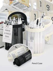 大容量透明铅笔盒，拉链圆筒笔筒，简约文具收纳，适用于学校和办公室 - 彩色 - 查看 1