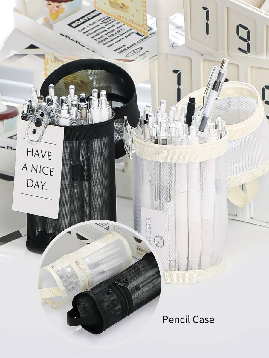 大容量透明铅笔盒，拉链圆筒笔筒，简约文具收纳，适用于学校和办公室 - 彩色 - 查看 1