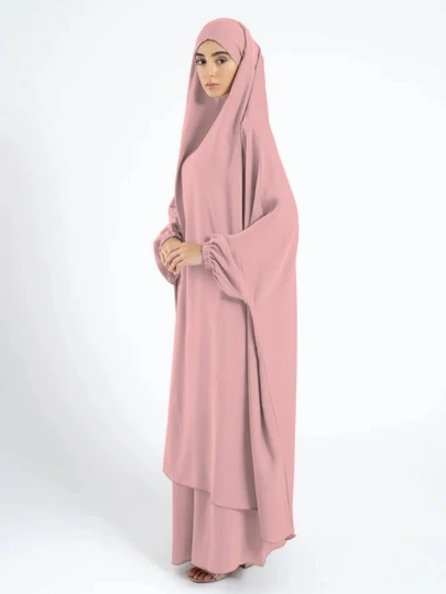 2pcs, 1pc Breathable Soft Fabric Khimar Hijab Paired With 1pc Elegant Versatile Abaya Dress, Suitable For Hijabi Outfit, Women's Daily Wear And Prayer, All Season