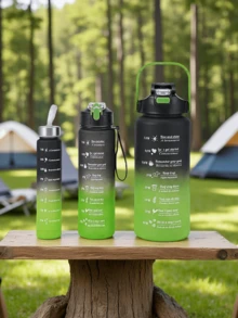 3个装塑料水瓶套装，带吸管，渐变色，带容量刻度，户外便携运动水杯 - 黑紅漸變 - 查看 6