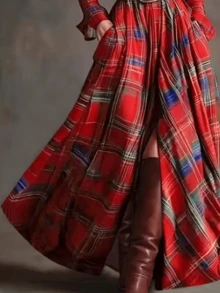 Women's Autumn/Winter Fashion Multi-Color Plaid Retro Long Dress, Oversized Skirt Design, Stylish Button Fitted Lapel Shirt Dress, Perfect Choice For Parties And Events (Belt Not Included) - Red - View 4