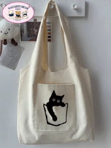 1pc Ladies Beige Canvas Tote Bag With Black Cat Print, For Shopping - Beige - View 4