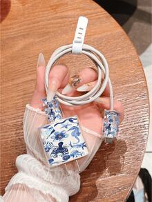 Blue Seahorse & Floral Pattern Minimalist Apple Charger Protector Case, Compatible With 20W Charger Compatible With Iphone 15, 16 ProMax Cables, Anti-Bending, Anti-Cat Bite, Fits 13/14 Plus Cables And Chargers. Christmas/Valentine's Day Gift Compatible With Iphone 17/17 ProMax/Air - Clear - View 2