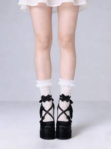 Fashion Women Platform Mary Jane Shoes For Valentine's Day Cross Strap Lolita High Chunky Heels Pumps Shoes Elegant With Big Bow Cute Lace Up Strap Buckle Shoes For Wedding And Party - màu đen - Xem 3