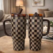 mikenda 1 Pc 40oz Checkered Stainless Steel Tumbler With Handle And Lid, INS Style Large Capacity Insulated Coffee Mug, Reusable Travel Cup For Home Office And On-The-Go - Multicolor - View 8