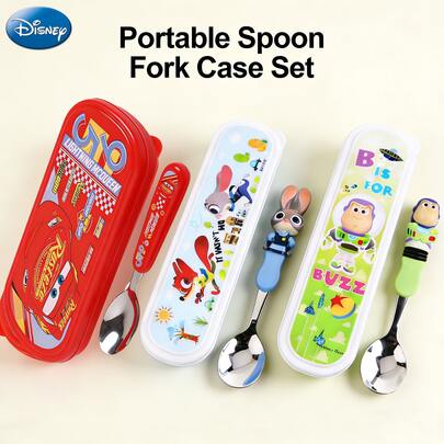 Disney 一套官方授权的《疯狂动物城》红色麦昆卡通餐具套装：朱迪/《玩具总动员》巴斯光年3D立体勺叉套装，防滑手柄，便携收纳，适合户外野餐、幼儿园及家庭聚餐，卡通人物图案