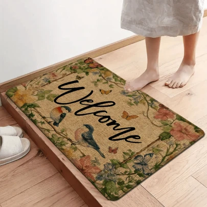 1pc Spring Element Pattern Printed Linen Kitchen Rug, Doormat, Bath Mat, Hallway Mat, 3D Printed Rectangle Carpet For Living Room, Bedroom, Corridor, Bathroom, Laundry Room - Polyester Carpet For Indoor And Outdoor Home Decor