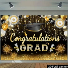 2D Flat Graduation Party Background Cloth, Black And Gold, Text Congrats GRAD, Bachelor's Cap, Champagne, Balloon, Fireworks, Sequins, Party Decoration, Photo Background, Polyester Fiber, No Power Required - Multicolor 3 - View 5