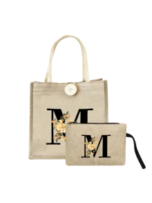 A-Z字母印花亚麻手提袋套装，个性化礼品，附赠小收纳袋，花卉图案，母亲节礼物，黄色亚麻手提袋配黑色肩带，大小号手提袋组合，送给女性、母亲、老师、朋友、伴娘的完美礼物，适合海滩、旅行等场合。 - 彩色 - 查看 12