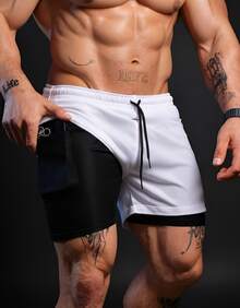 Kit Of 3 2-In-1 RUN Double Shorts For Men's Gym, Running, And Training With Elastane - Helanca Fabric - 珊瑚橙 - 查看 2