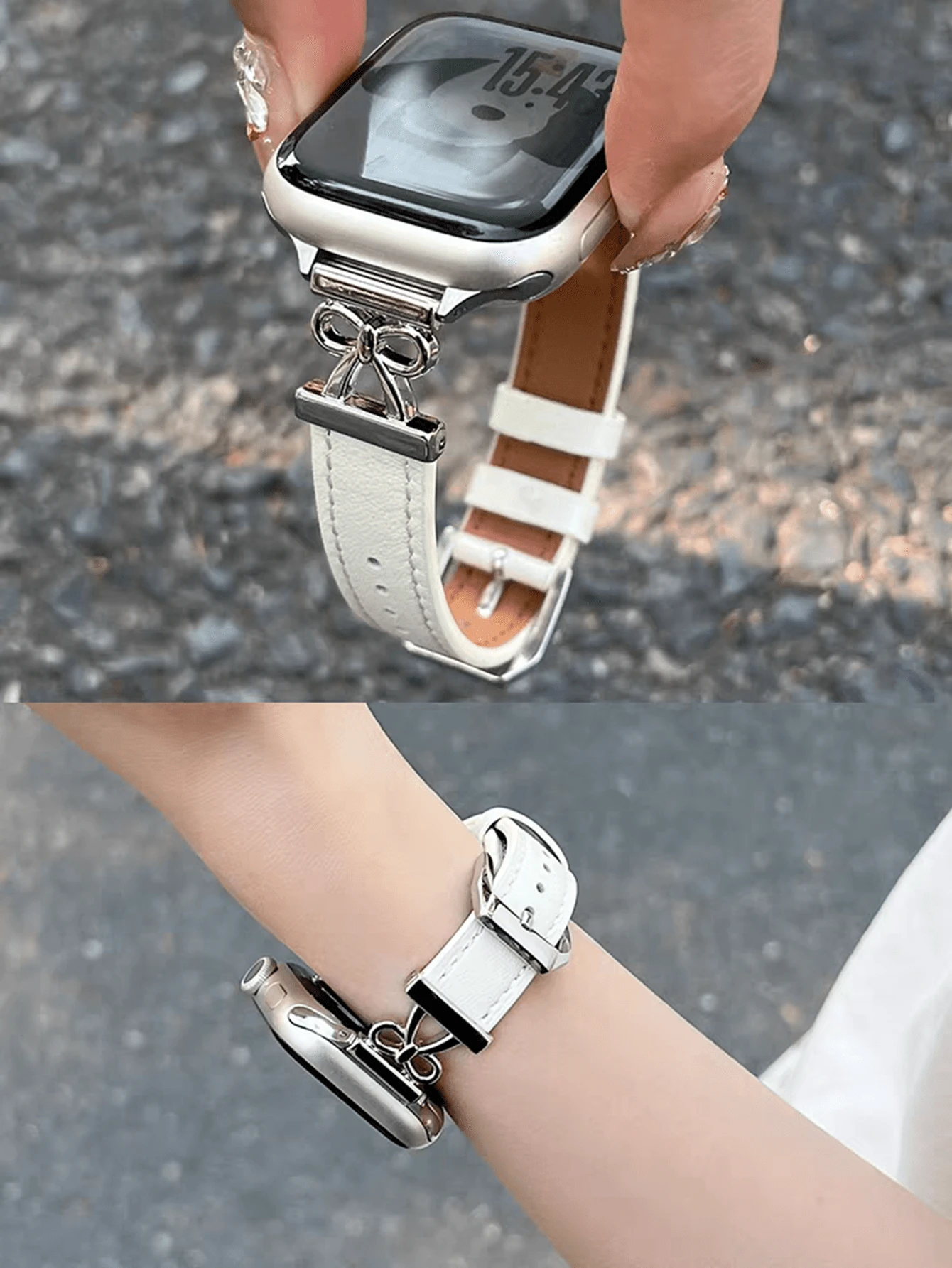 1条装饰时尚优雅纤薄真皮表带，兼容 Series 10/9/8/7/6/5/4/3/2/1 SE，女士款，金色、银色、万圣节黑色吊坠，运动纤薄风格，尺寸：38mm、40mm、41mm、42mm、44mm、45mm、46mm、49mm - 白色 - 查看 1