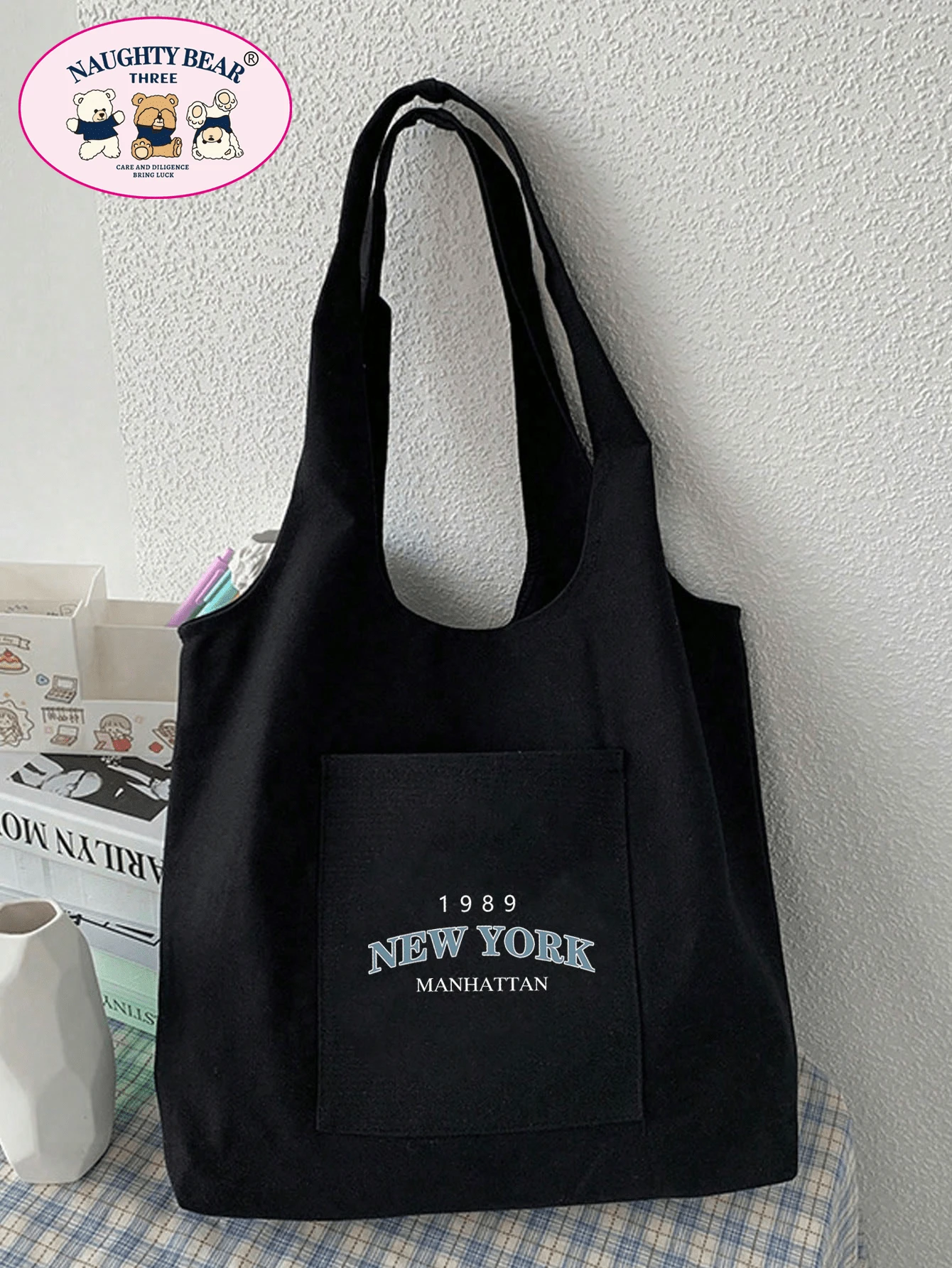 1 件黑色时尚 1989newyork 字母印花帆布手提包，配有简约肩带，适合女士、便携式购物袋、适合读书周的学院风书包