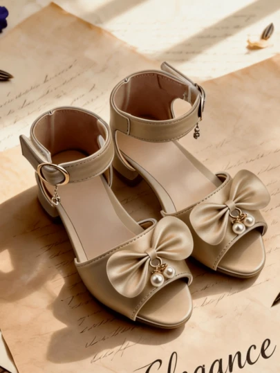 2026 New Girls' Bowknot Floral Pearl Rhinestone Decor PU Leather Open Toe High Heel Sandals, Suitable For Stage Performance, Birthday Outfit, Daily Wear