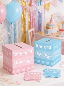 一套51件的婴儿尿布抽奖游戏盒，包含尿布抽奖券盒和婴儿礼物留言盒，适合婴儿生日派对 - 彩色 - 查看 5